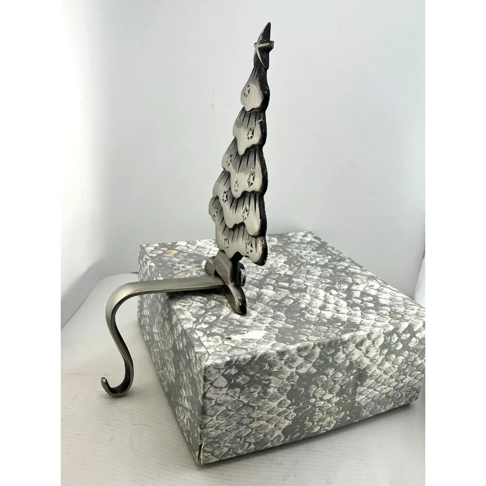 Silver Metal Christmas Tree Stocking Holder Shelf Mantle Hook Vintage Y2K 2pc